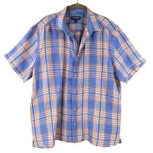 Johnson & Murphy 100% Linen Plaid Shirt Size XL Blue Button Up Preppy